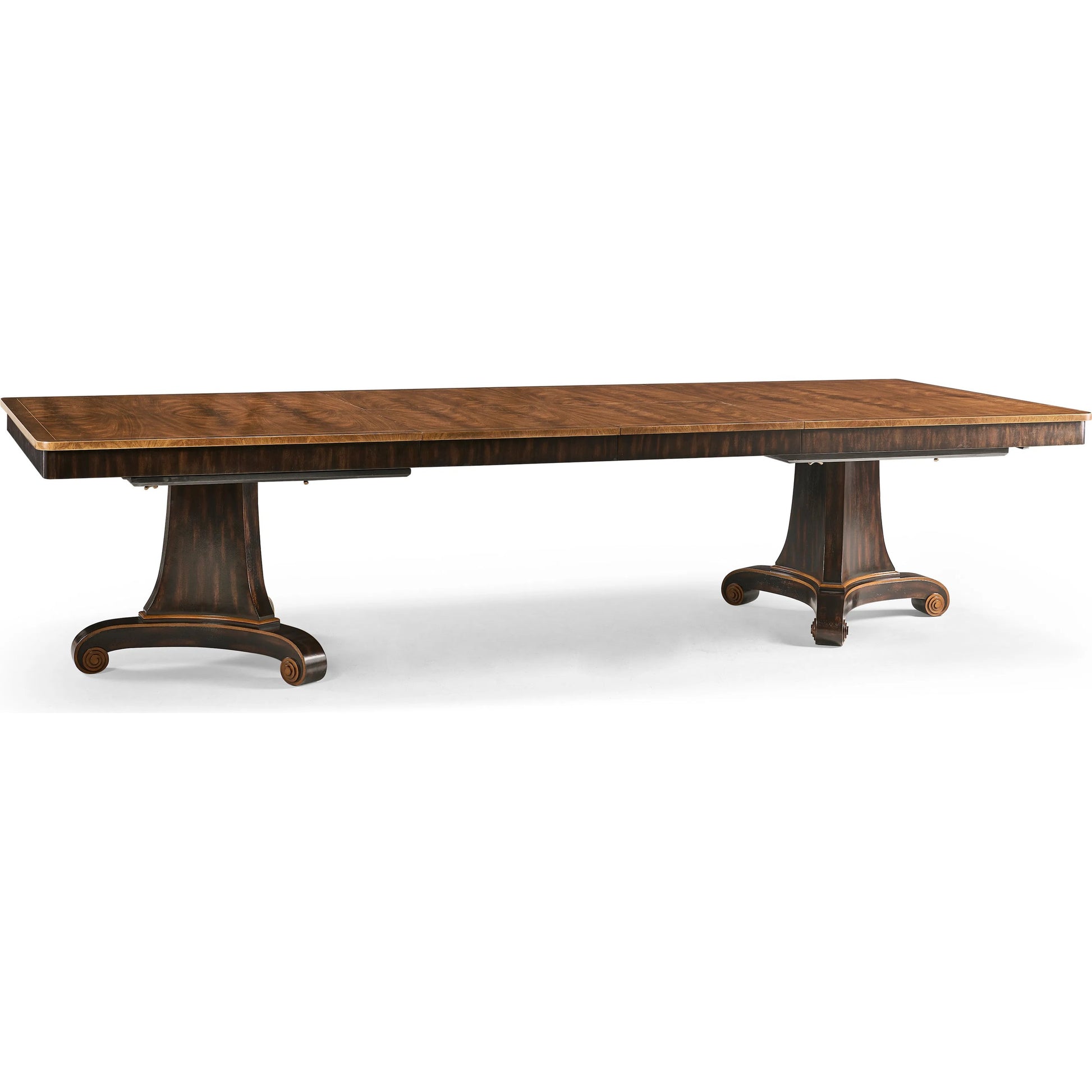 Rosette Dining Table by Jonathan Charles in medium crotch walnut. Made from celejeria veneer, brass, acacia veneer, beech, plywood in a modern style.