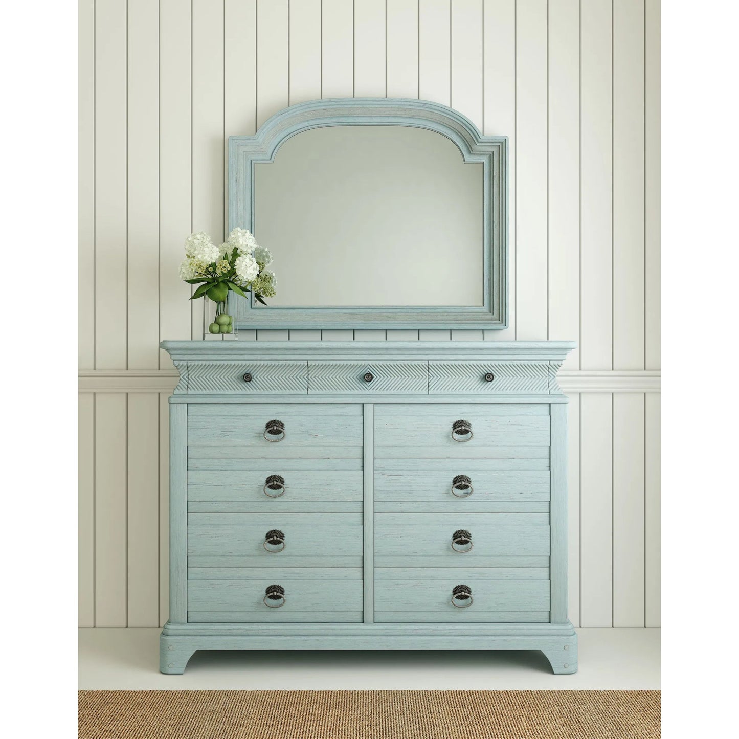 003 SI-2447963 | Lifestyle | Summer Creek Light Keeper's Mirror by A.R.T. Furniture in shutter blue. Made from flakey cathedral oak veneer, parawood solids in a cottage & farmhouse style.