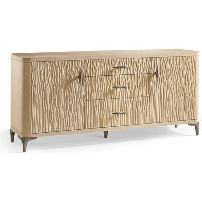 Water Breaker Mixed Media Credenza by Jonathan Charles in beige and ash blonde. Made from dyed koto veneer, bone, leather, metal in a transitional style.