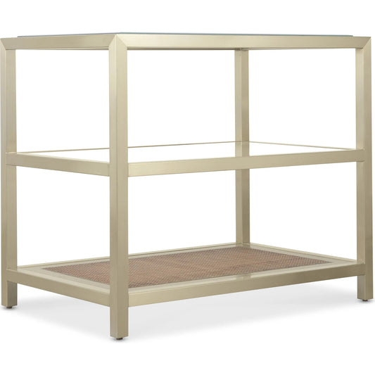 Melange End Table by Hooker Furniture in silver. Made from steel, glass top, cane with wooden frame in a modern style.