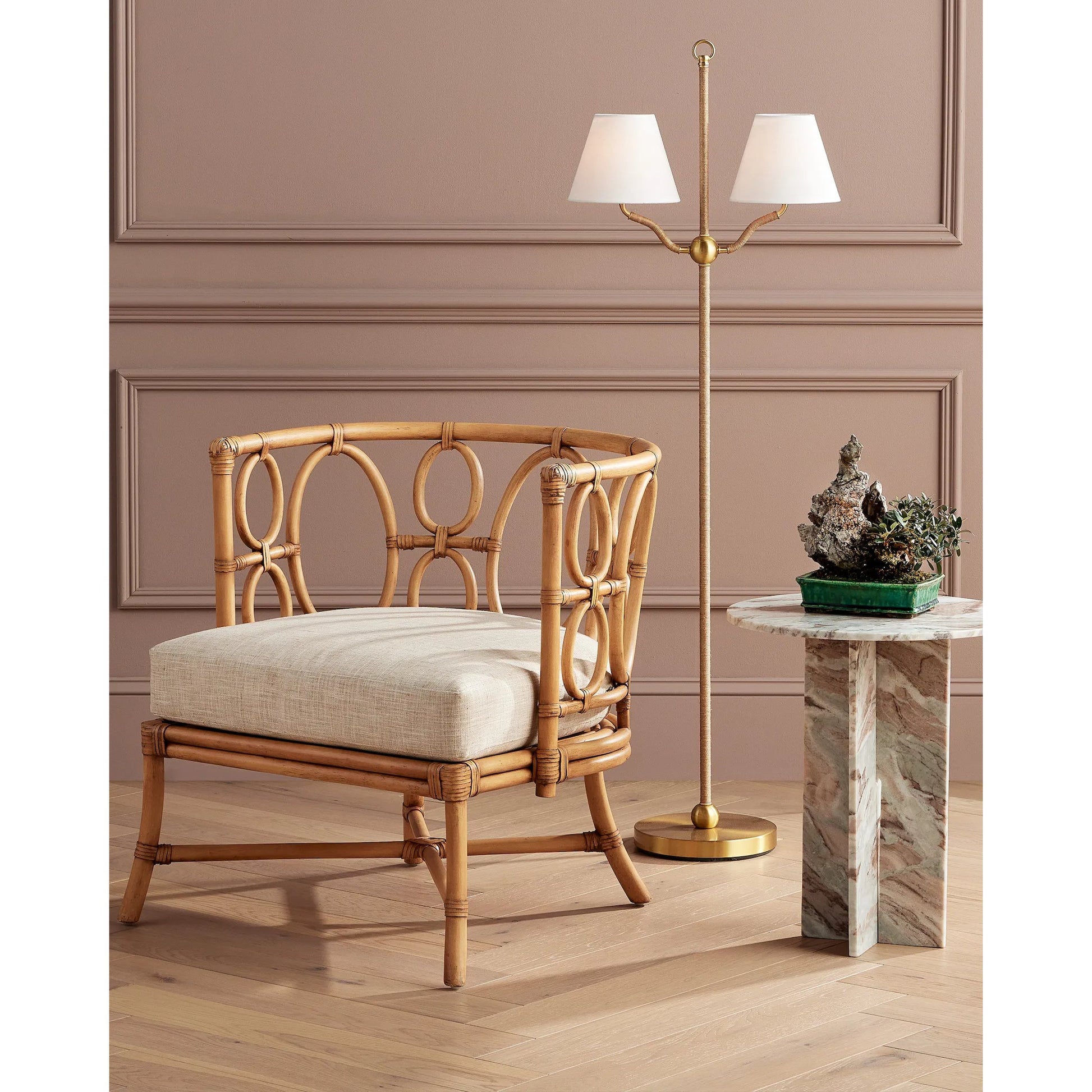 Sirocco Floor Lamp by Currey and Company in antique brass. Made from natural jute rope, metal in a modern style.