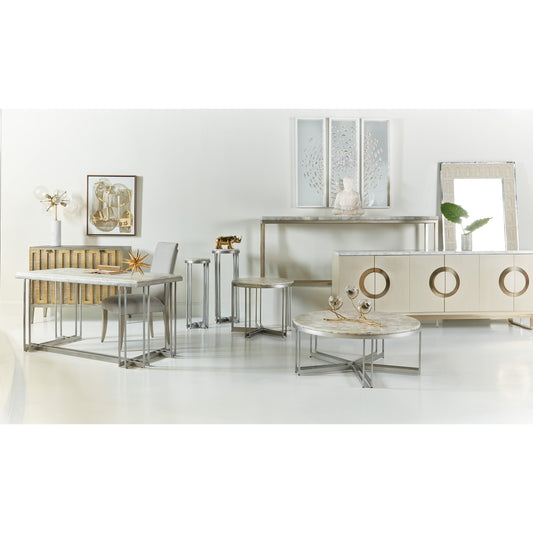 Melange Marin Round Cocktail Table by Hooker Furniture in silver. Made from tumbles white onyx with carbon steel metal in a transitional style.