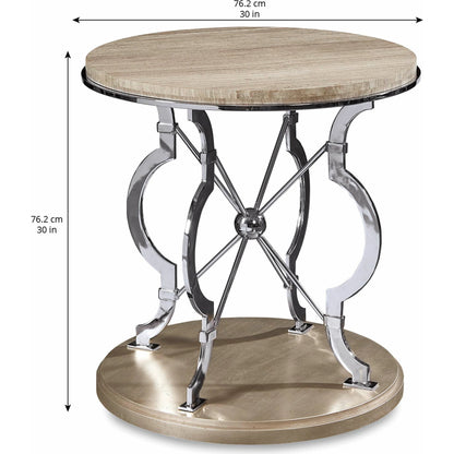 Morrissey Yeats Lamp Table by A.R.T. Furniture in silver and bezel. Made from parawood solids, primavera veneers, travertine stone in a transitional style.