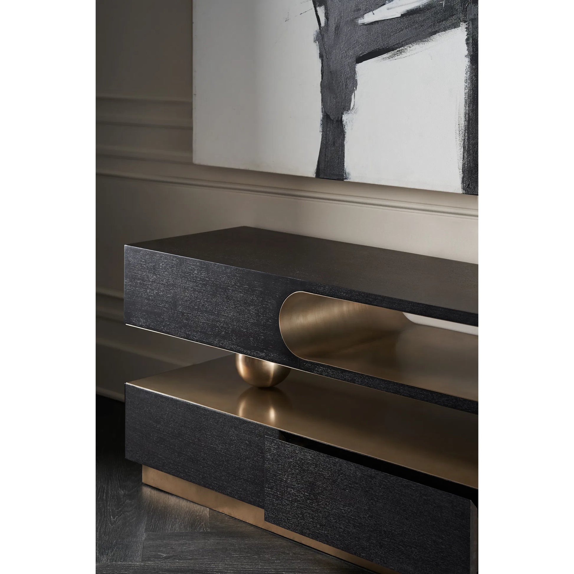 Harmony Console Table by Caracole in lucent bronze metallic, modern walnut. Made from poplar, walnut in a unique style.