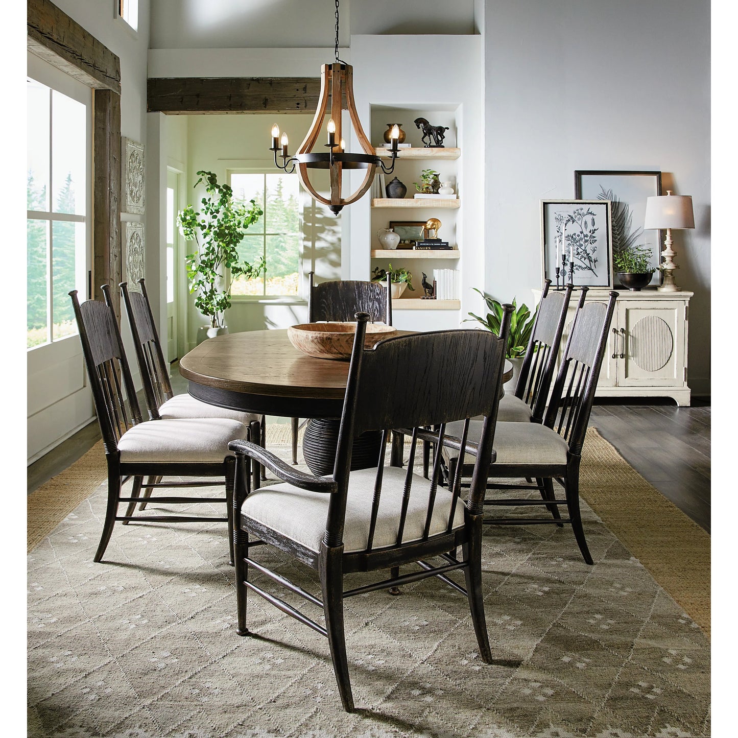 009 SI-2185759 | Lifestyle | Americana Round Pedestal Dining Table by Hooker Furniture. Made from oak veneers, resin with solid-wood edge top in a cottage & farmhouse style.