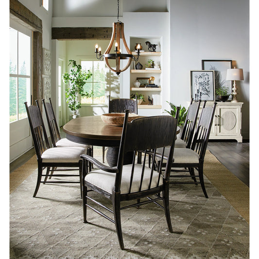 Americana Round Pedestal Dining Table by Hooker Furniture. Made from oak veneers, resin with solid-wood edge top in a cottage & farmhouse style.