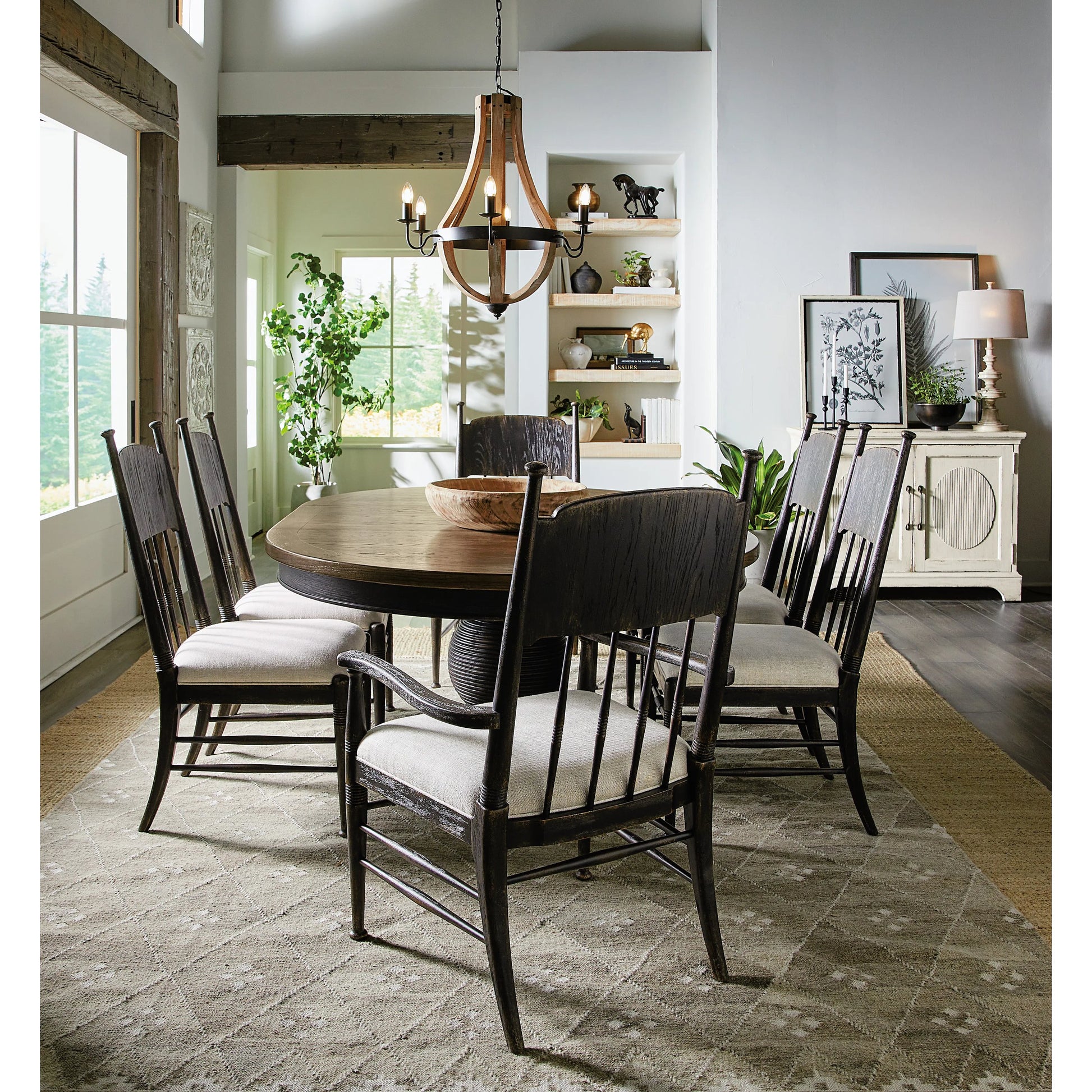 Americana Upholstered Seat Side Chair by Hooker Furniture in beige. Made from oak veneers and fabric in a cottage & farmhouse style.