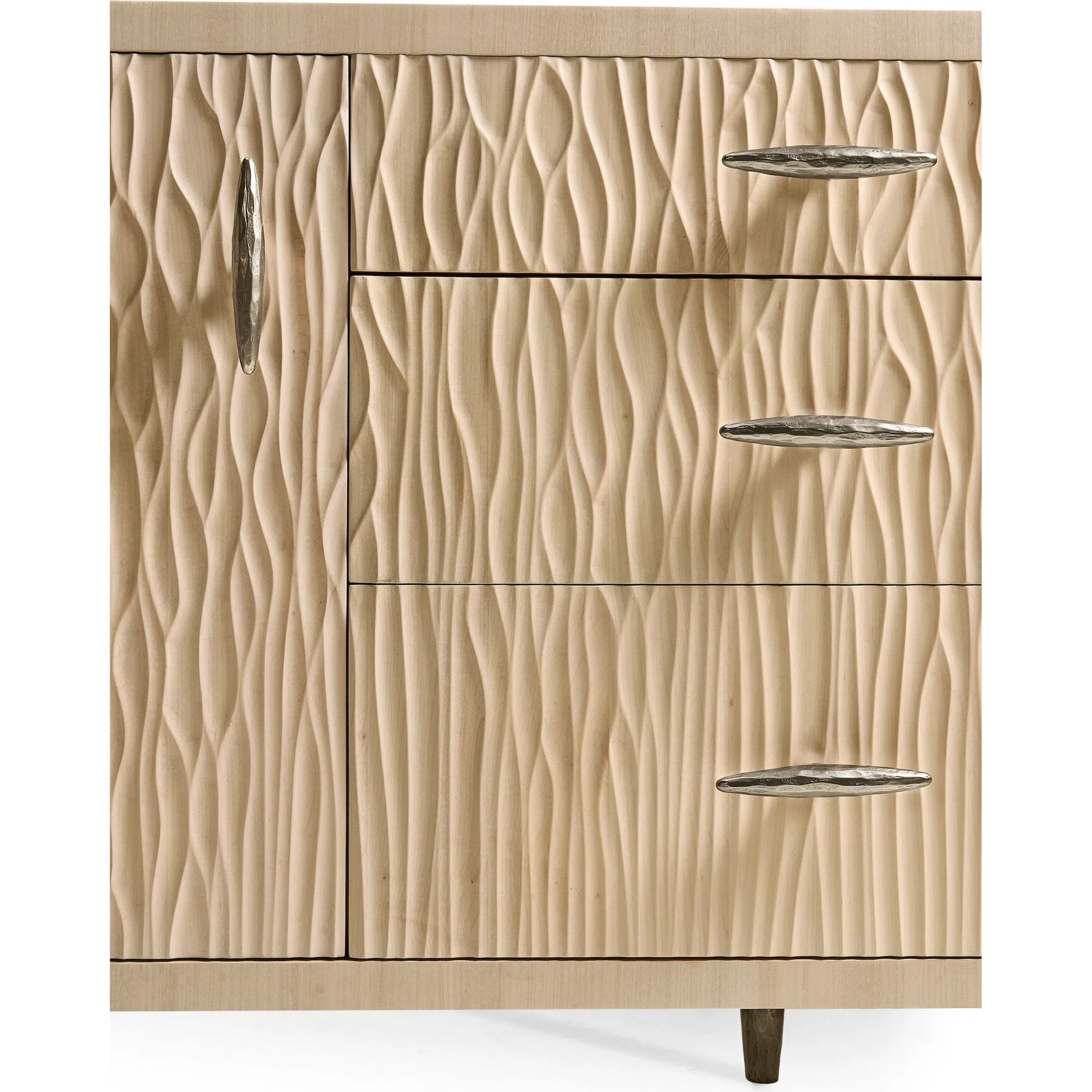 Water Breaker Mixed Media Credenza by Jonathan Charles in beige and ash blonde. Made from dyed koto veneer, bone, leather, metal in a transitional style.