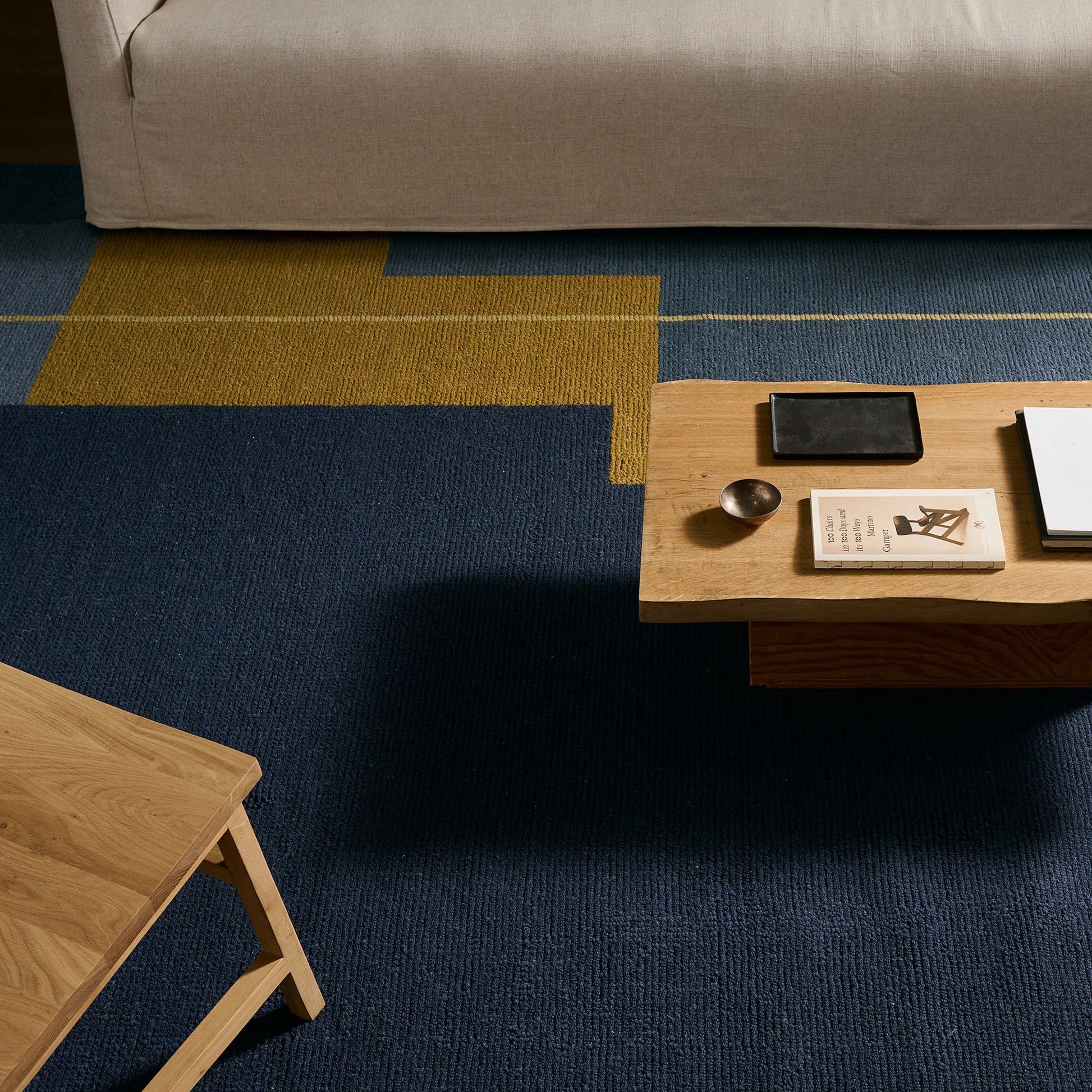 Woven Construct​ WVC02 Rug by Jaipur Living in blue, yellow, gold. Made from 65% wool 35% cotton in a unique style.