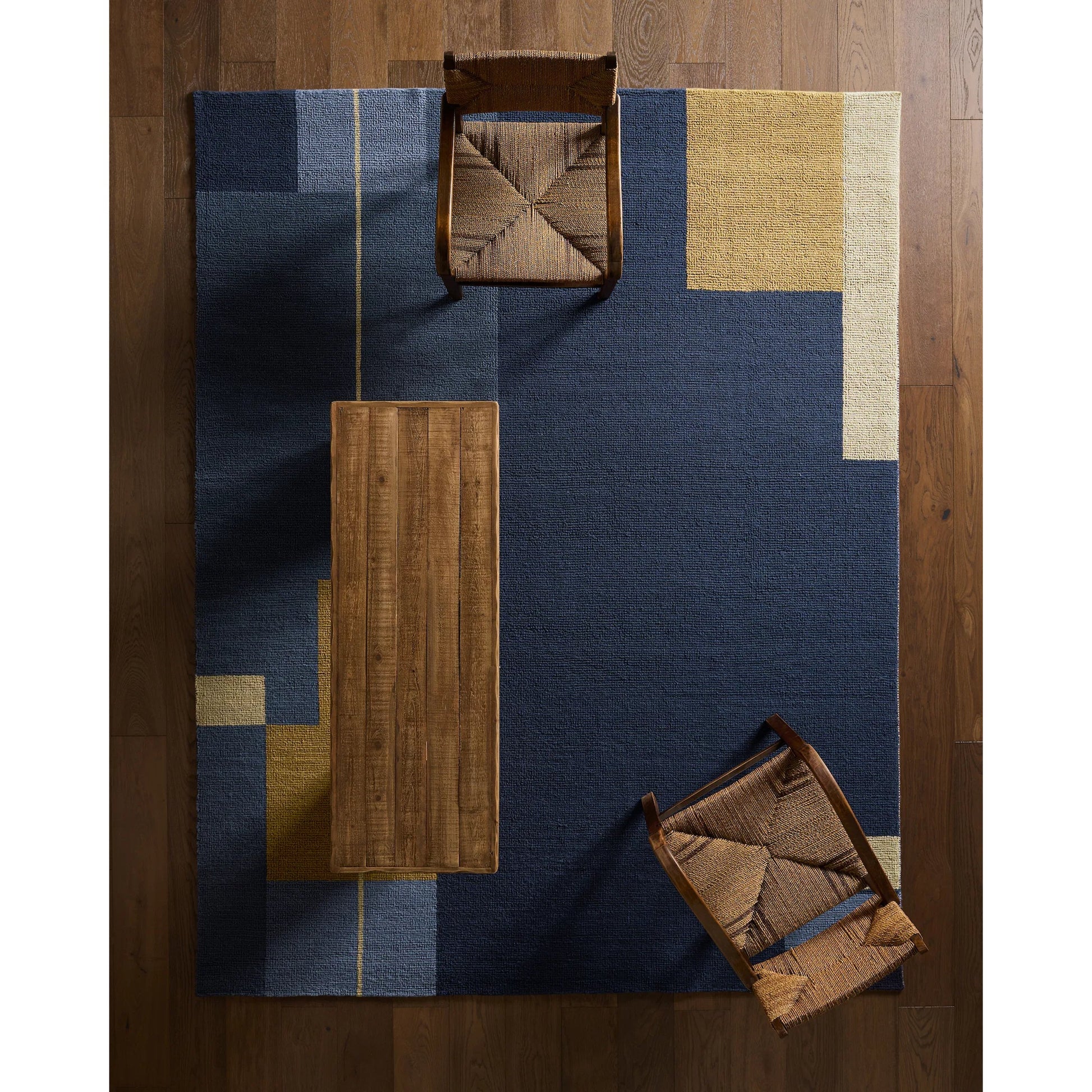 Woven Construct​ WVC02 Rug by Jaipur Living in blue, yellow, gold. Made from 65% wool 35% cotton in a unique style.