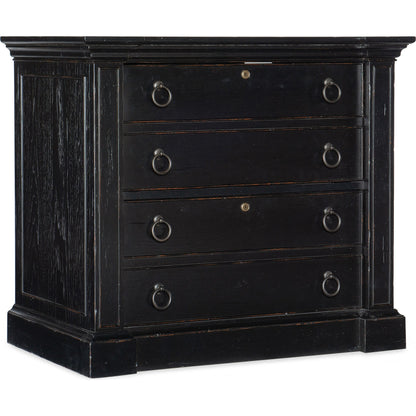 Bristowe File Cabinet by Hooker Furniture in tuxedo black. Made from pecan veneers in a unique style.