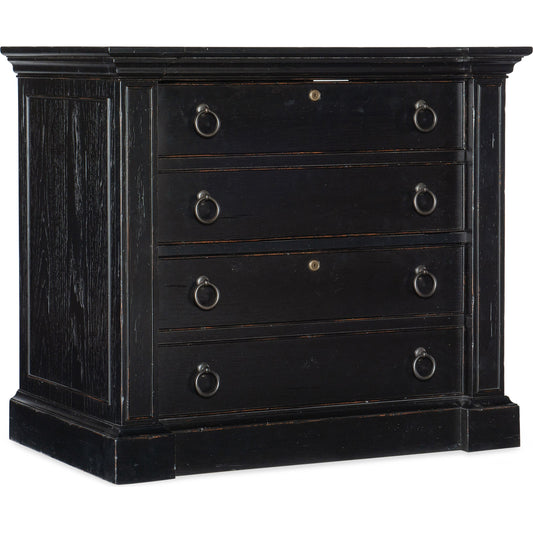 Bristowe File Cabinet by Hooker Furniture in tuxedo black. Made from pecan veneers in a unique style.