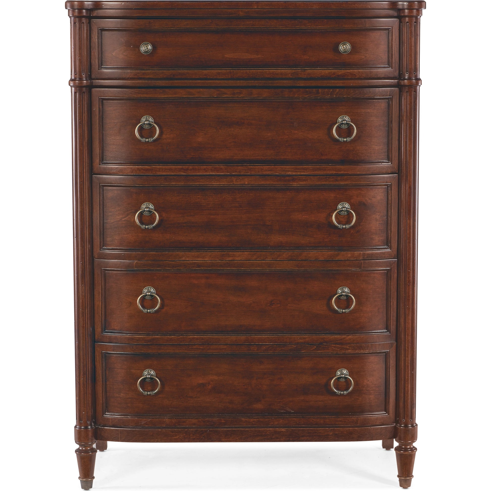 Charleston Five-Drawer Chest by Hooker Furniture. Made from cherry veneers, cedar, metal, solid-wood edge top in a transitional style.