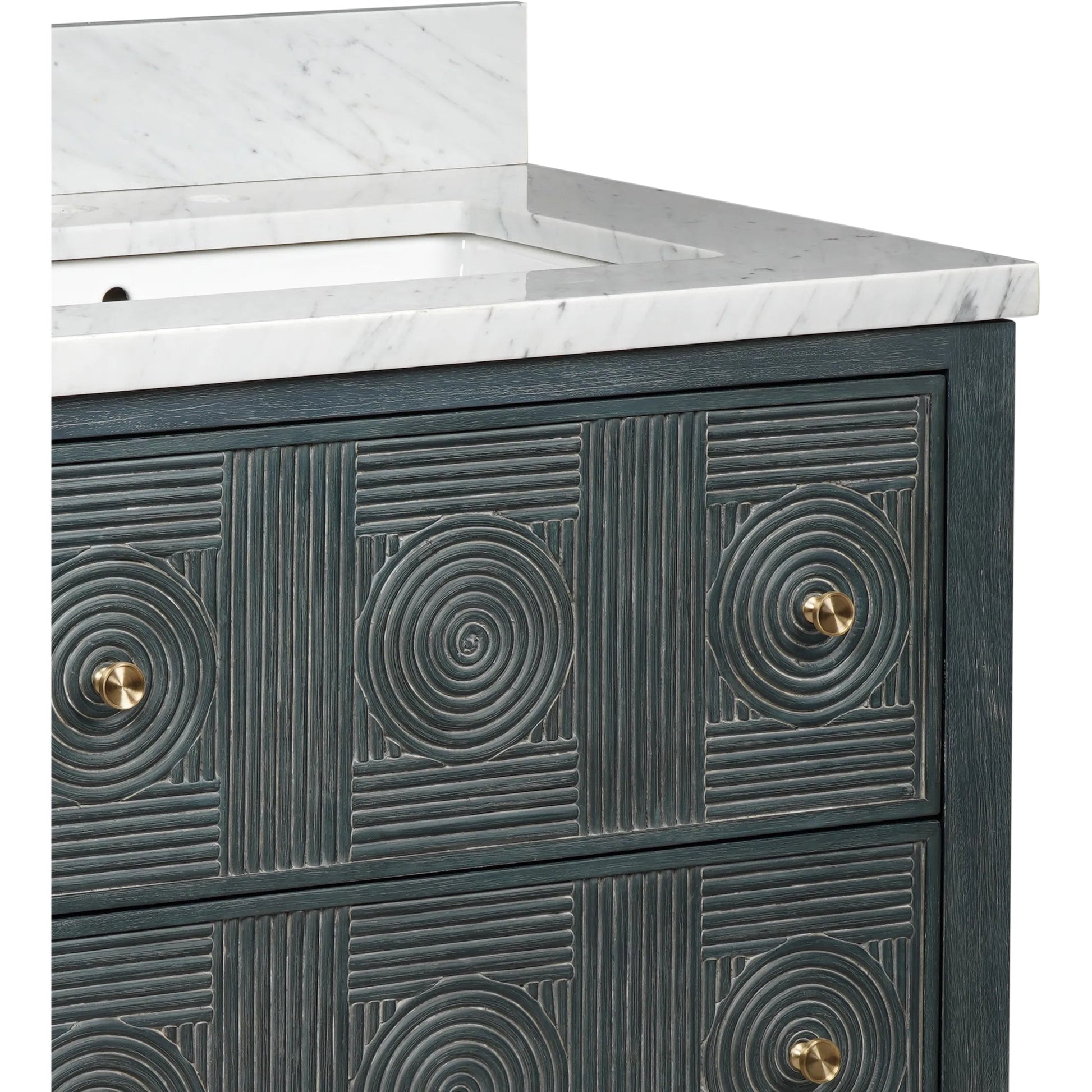 Santos 28" Vanity with Undermount Sink by Currey and Company. Made from rattan, mahogany, carrara marble, vitreous china, sungkai wood, brass in a unique style.