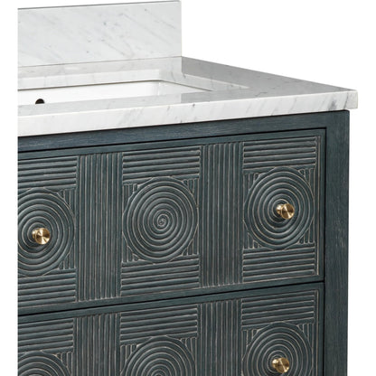 Santos 28" Vanity with Undermount Sink by Currey and Company. Made from rattan, mahogany, carrara marble, vitreous china, sungkai wood, brass in a unique style.