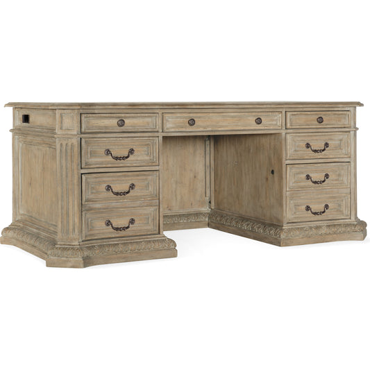 Castella Executive Desk by Hooker Furniture in antique slate. Made from pecan, quartered hickory, quartered black walnut, quartered ash, maple veneers with leather in a traditional style.