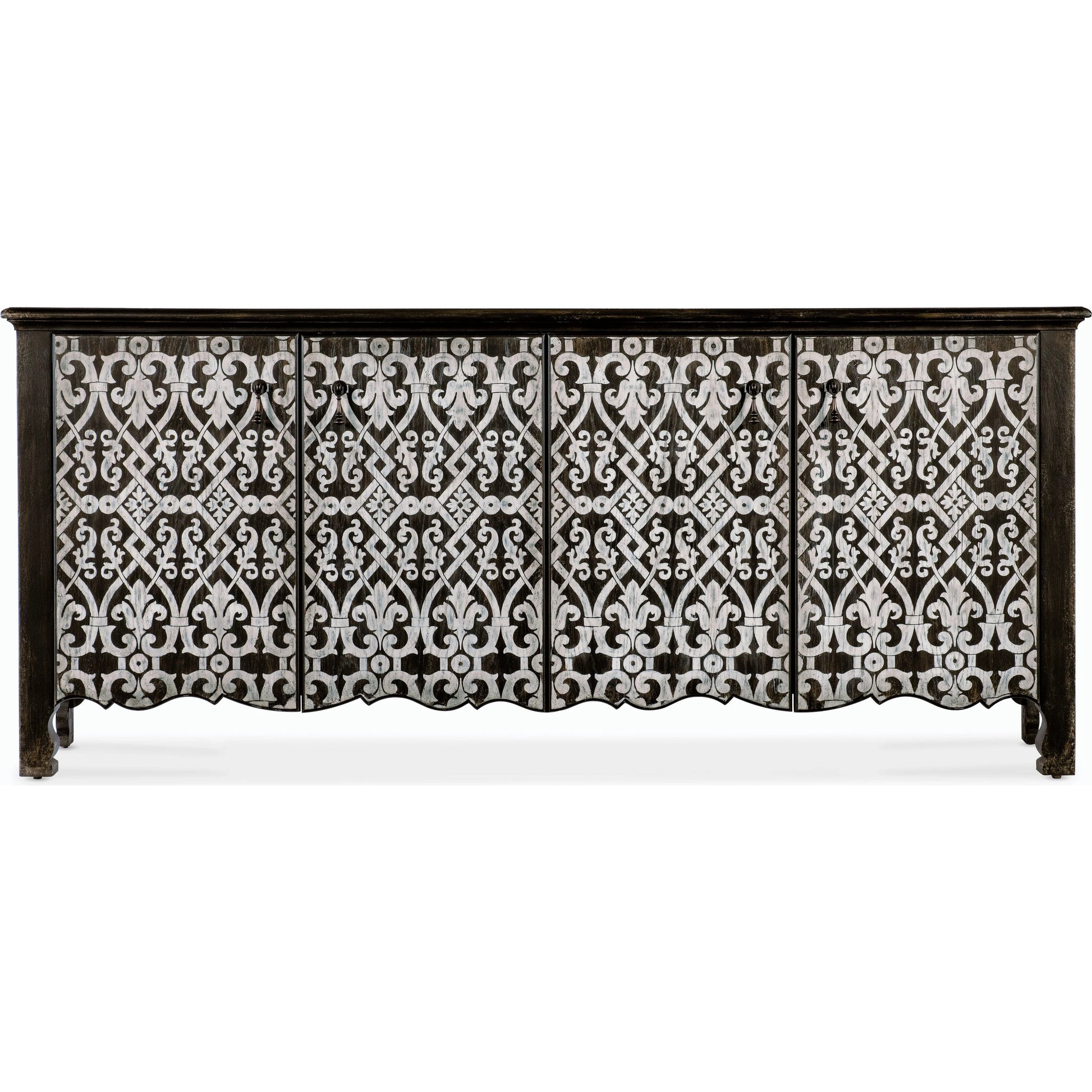 Americana Entertainment 4-Door Credenza by Hooker Furniture in molasses. Made from oak veneers with solid-wood edge top in a modern style.