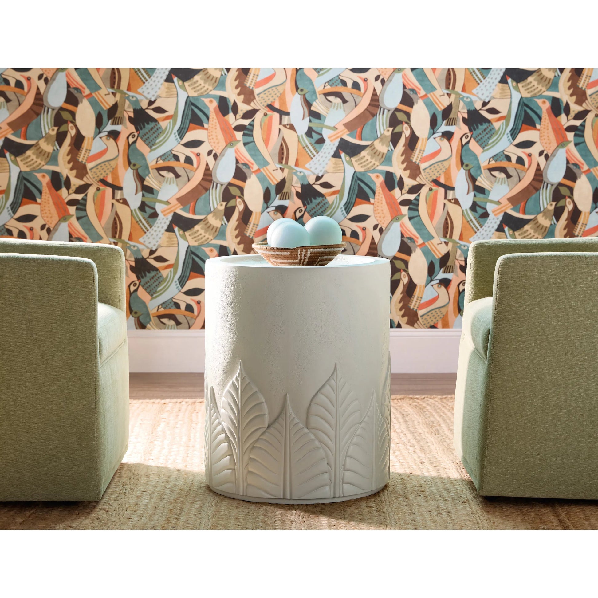 Commerce and Market Amelia Round End Table by Hooker Furniture in white plaster. Made from wood, resin in a modern style.