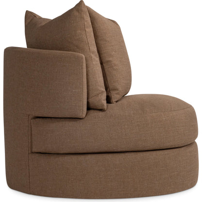 Colby Fabric Swivel Chair by Bernhardt in brown. Made from polyfoam core, virgin polyester fibers, waterfowl feathers, waterfowl down in a transitional style.