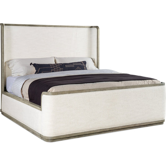 Linville Falls Boones Upholstered Shelter Bed by Hooker Furniture in beige and merino pearl, mink. Made from veneers, fabric in a modern style.