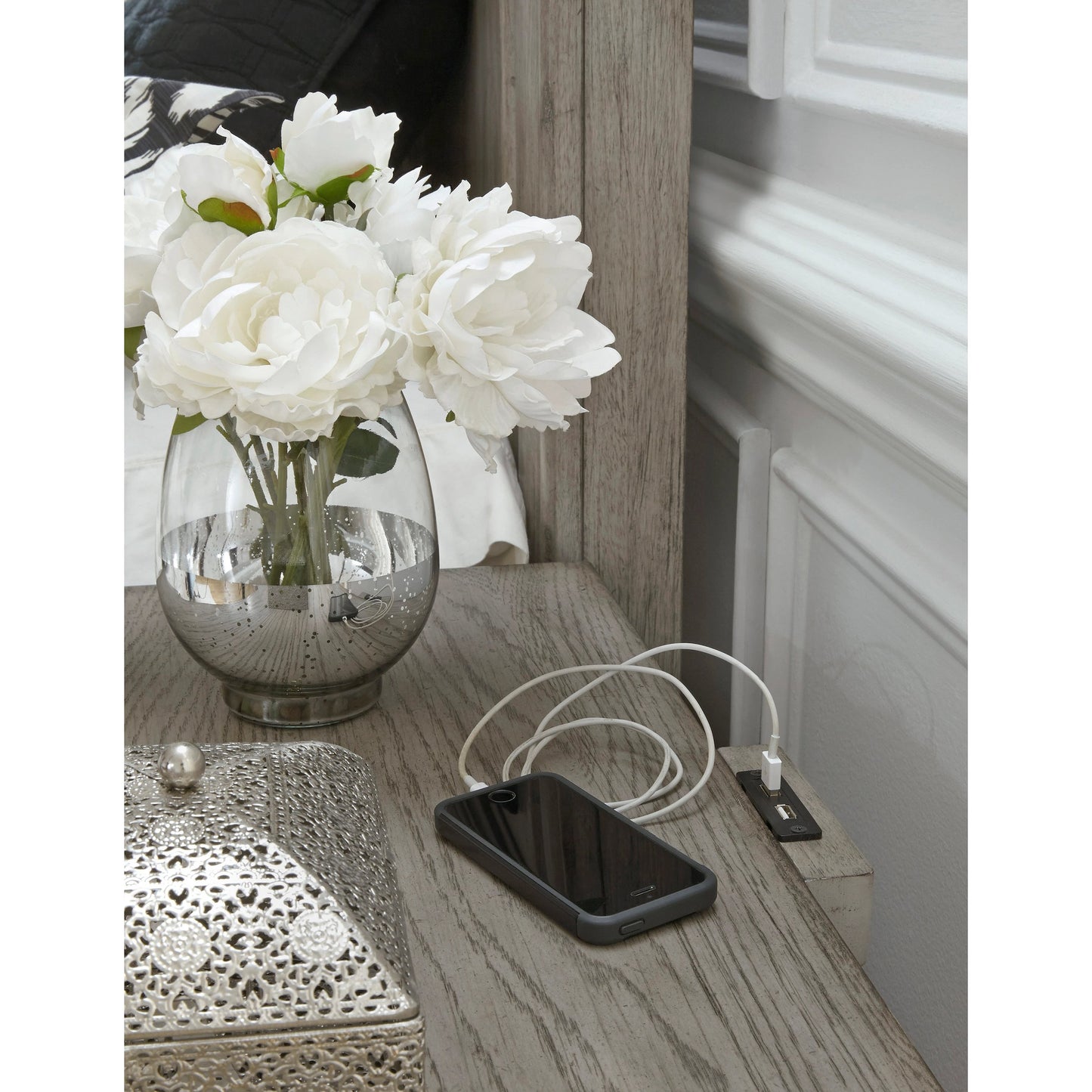 003 SI-2155613 | Closeup | Madison Ridge Nightstand by Pulaski Furniture in bluff grey. Made from asian hardwood, oak veneers in a traditional style.