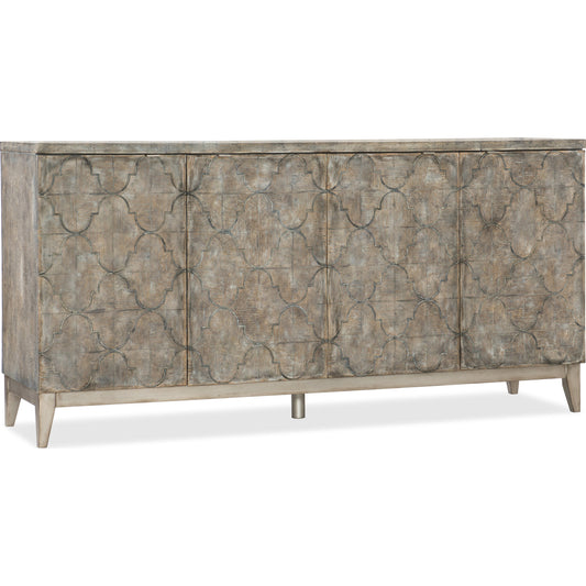 Fairfax Credenza by Hooker Furniture in distressed oak. Made from oak veneers, aluminum sheet in a modern style.