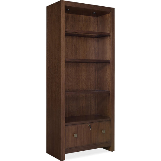 Archives Bookcase by Hooker Furniture in classic walnut, walnut veneers. Made from figured walnut veneers, glass, leather, dark blond (semi-aniline top grain) in a traditional style.