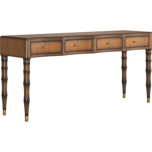 Harbor Sofa Table by A.R.T. Furniture in deep woods. Made from rubber wood solid, prima vera quarter cut, light figure veneer in a unique style.