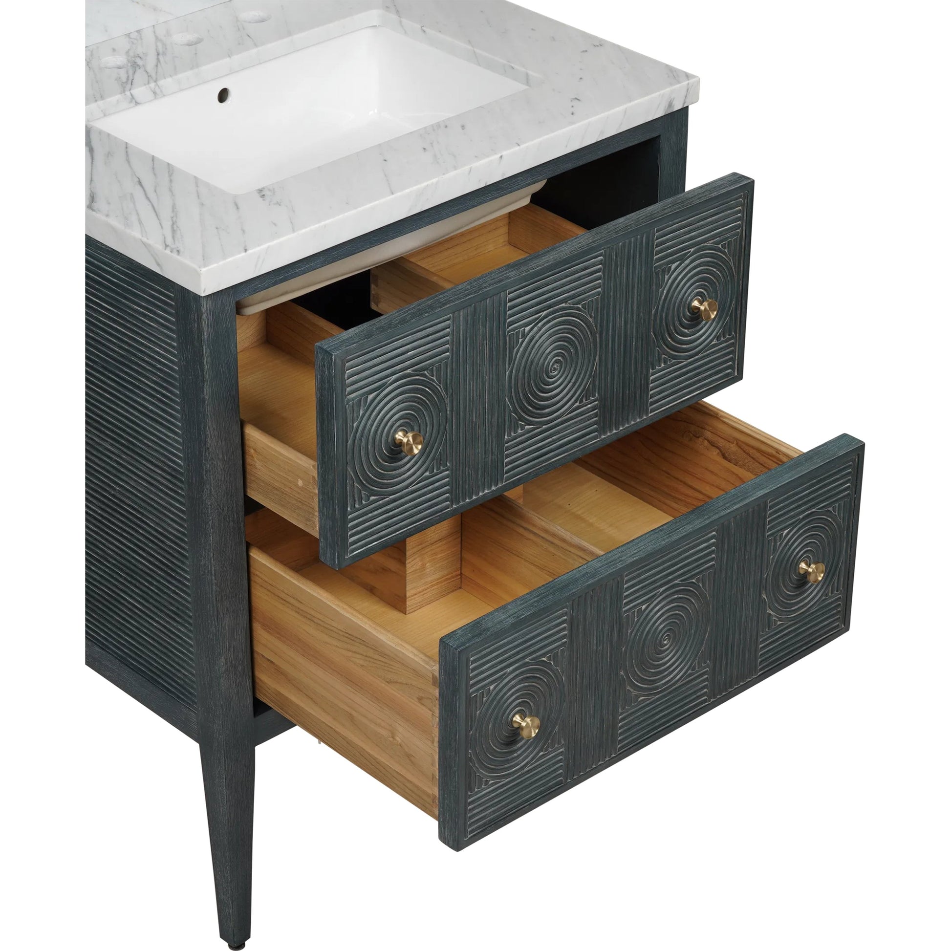 Santos 28" Vanity with Undermount Sink by Currey and Company. Made from rattan, mahogany, carrara marble, vitreous china, sungkai wood, brass in a unique style.