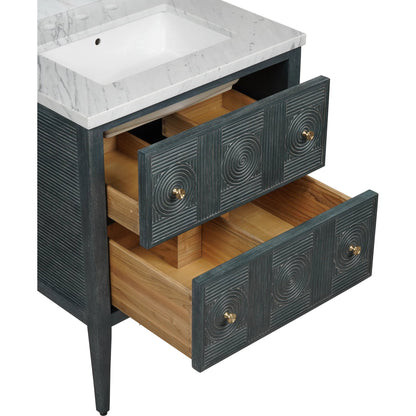 Santos 28" Vanity with Undermount Sink by Currey and Company. Made from rattan, mahogany, carrara marble, vitreous china, sungkai wood, brass in a unique style.