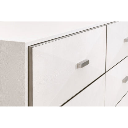 Wynn Shagreen Double Dresser by Essentials For Living in pearl shagreen, brushed stainless steel. Made from faux shagreen resin, solid rubberwood, plywood, mdf, stainless steel in a modern style.