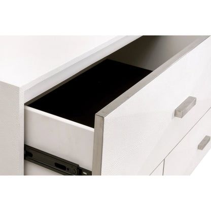 Wynn Shagreen Double Dresser by Essentials For Living in pearl shagreen, brushed stainless steel. Made from faux shagreen resin, solid rubberwood, plywood, mdf, stainless steel in a modern style.