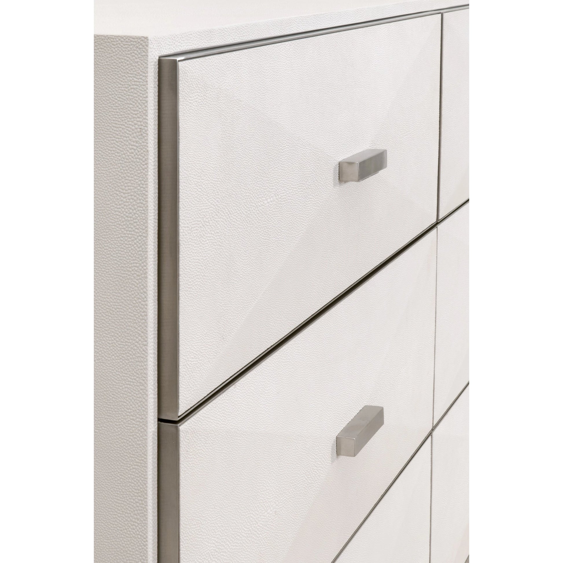 Wynn Shagreen Double Dresser by Essentials For Living in pearl shagreen, brushed stainless steel. Made from faux shagreen resin, solid rubberwood, plywood, mdf, stainless steel in a modern style.