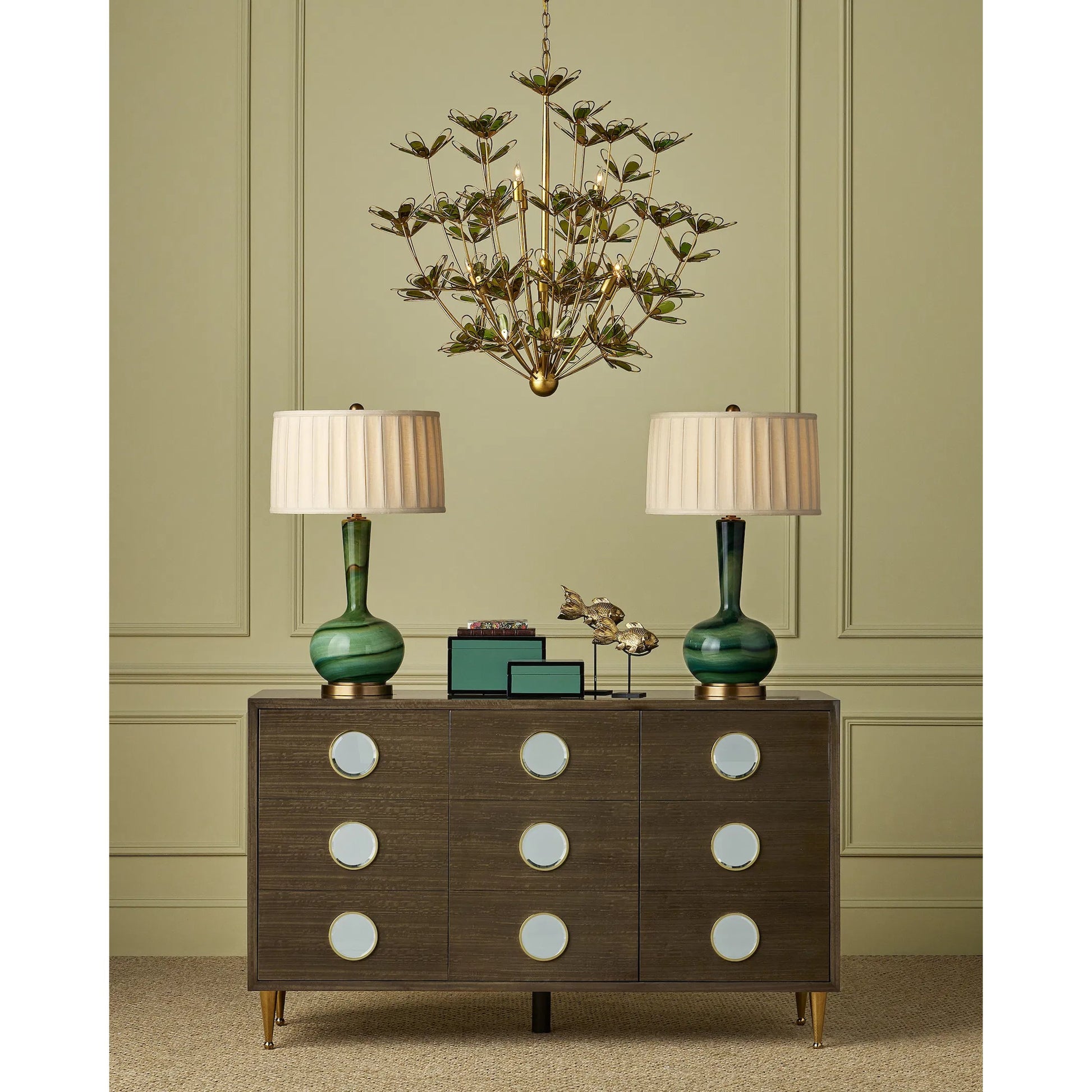 Lamartine Table Lamp by Currey and Company in green, antique brass. Made from glass, metal in a modern style.