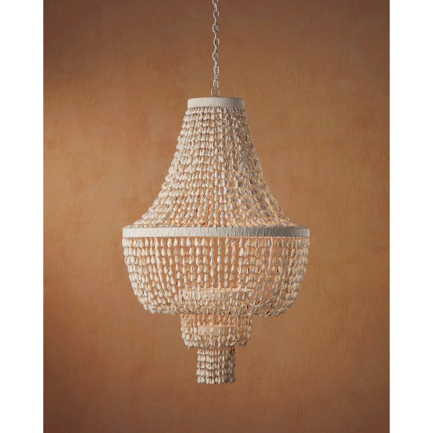 006 SI-2257413 | Lifestyle | Cybele Chandelier by Currey and Company in natural, pearlized white, white. Made from shells, wrought iron, kraft paper twine in a modern style.