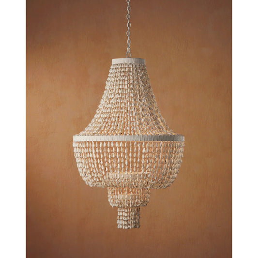 Cybele Chandelier by Currey and Company in natural, pearlized white, white. Made from shells, wrought iron, kraft paper twine in a unique style.