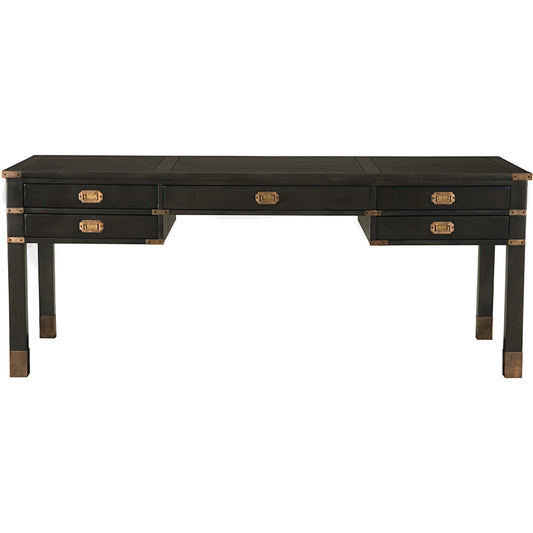 Campaign Partner Desk by Noir in pale. Made from mahogany, brass pulls, brass base legs, brass side plates in a unique style.
