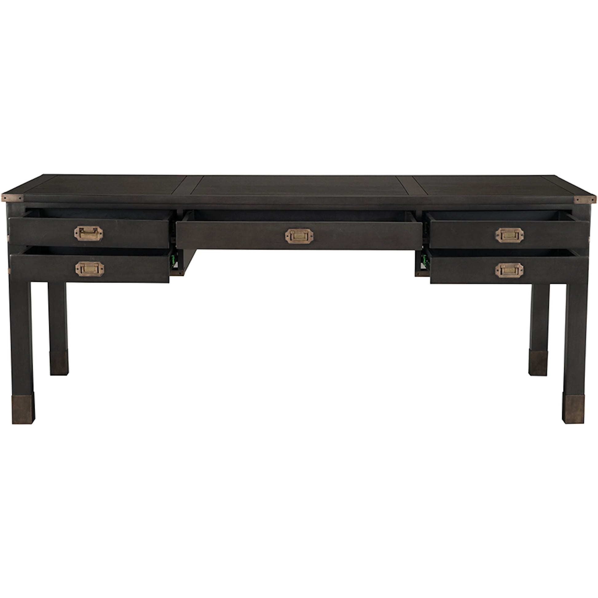 Campaign Partner Desk by Noir in pale. Made from mahogany, brass pulls, brass base legs, brass side plates in a traditional style.