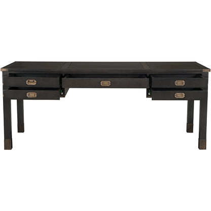 Campaign Partner Desk by Noir in pale. Made from mahogany, brass pulls, brass base legs, brass side plates in a traditional style.