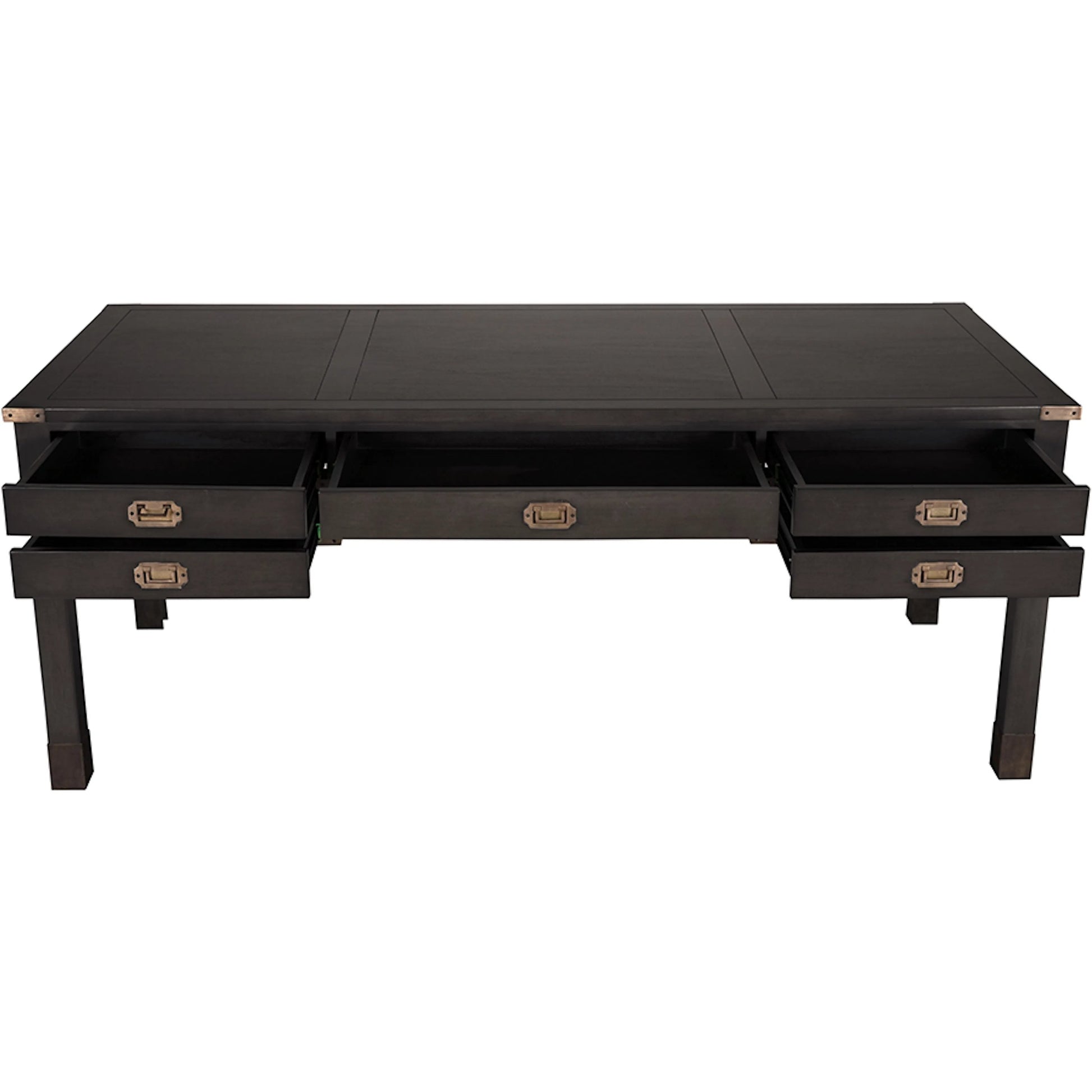 Campaign Partner Desk by Noir in pale. Made from mahogany, brass pulls, brass base legs, brass side plates in a traditional style.