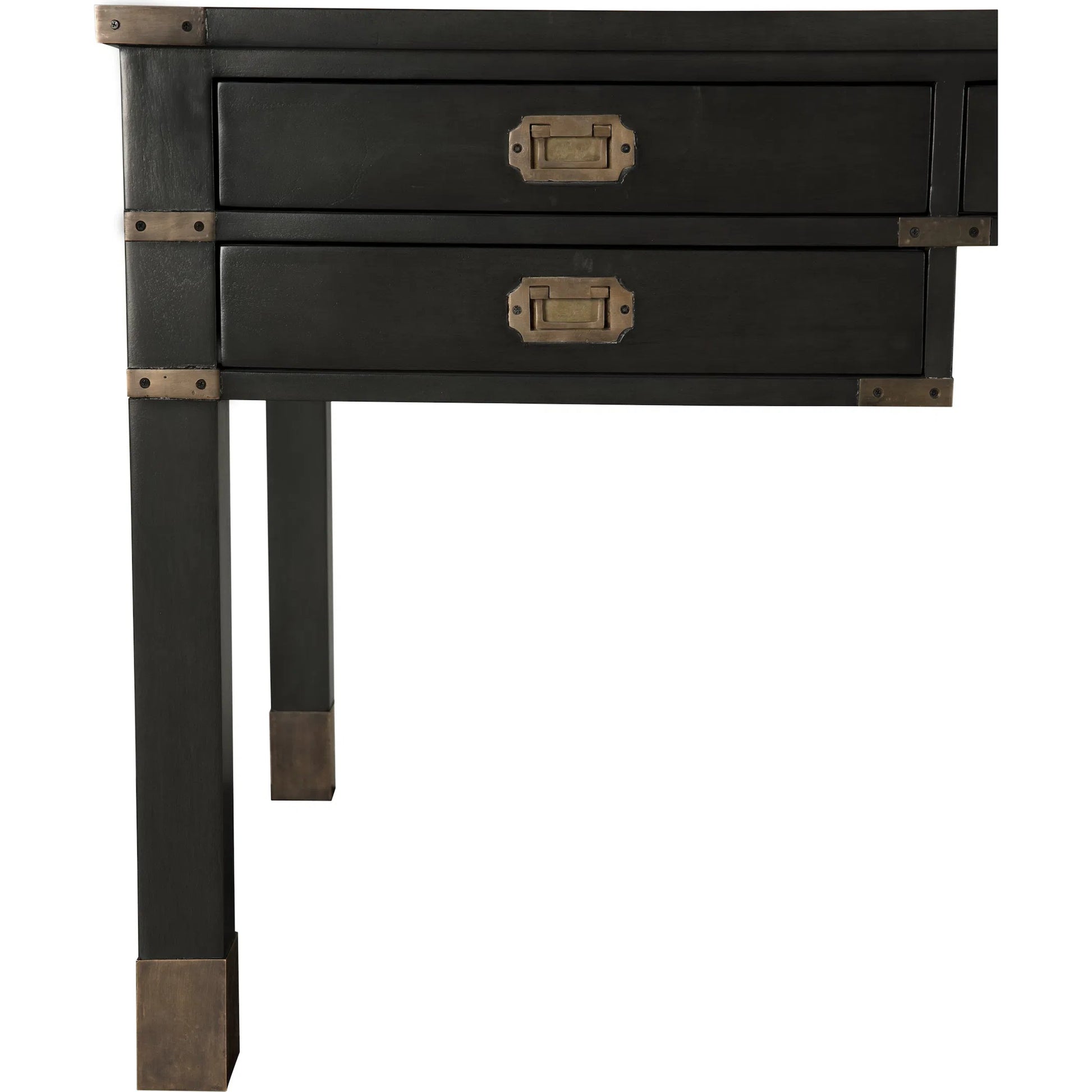 Campaign Partner Desk by Noir in pale. Made from mahogany, brass pulls, brass base legs, brass side plates in a traditional style.