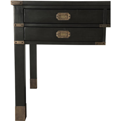 Campaign Partner Desk by Noir in pale. Made from mahogany, brass pulls, brass base legs, brass side plates in a traditional style.