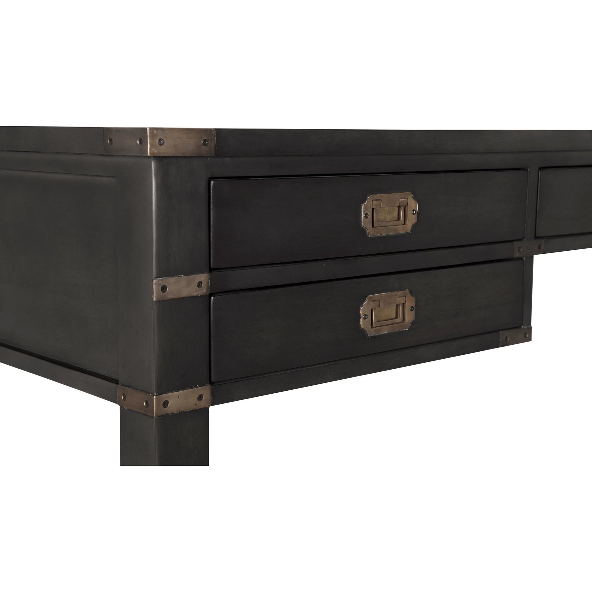 Campaign Partner Desk by Noir in pale. Made from mahogany, brass pulls, brass base legs, brass side plates in a traditional style.