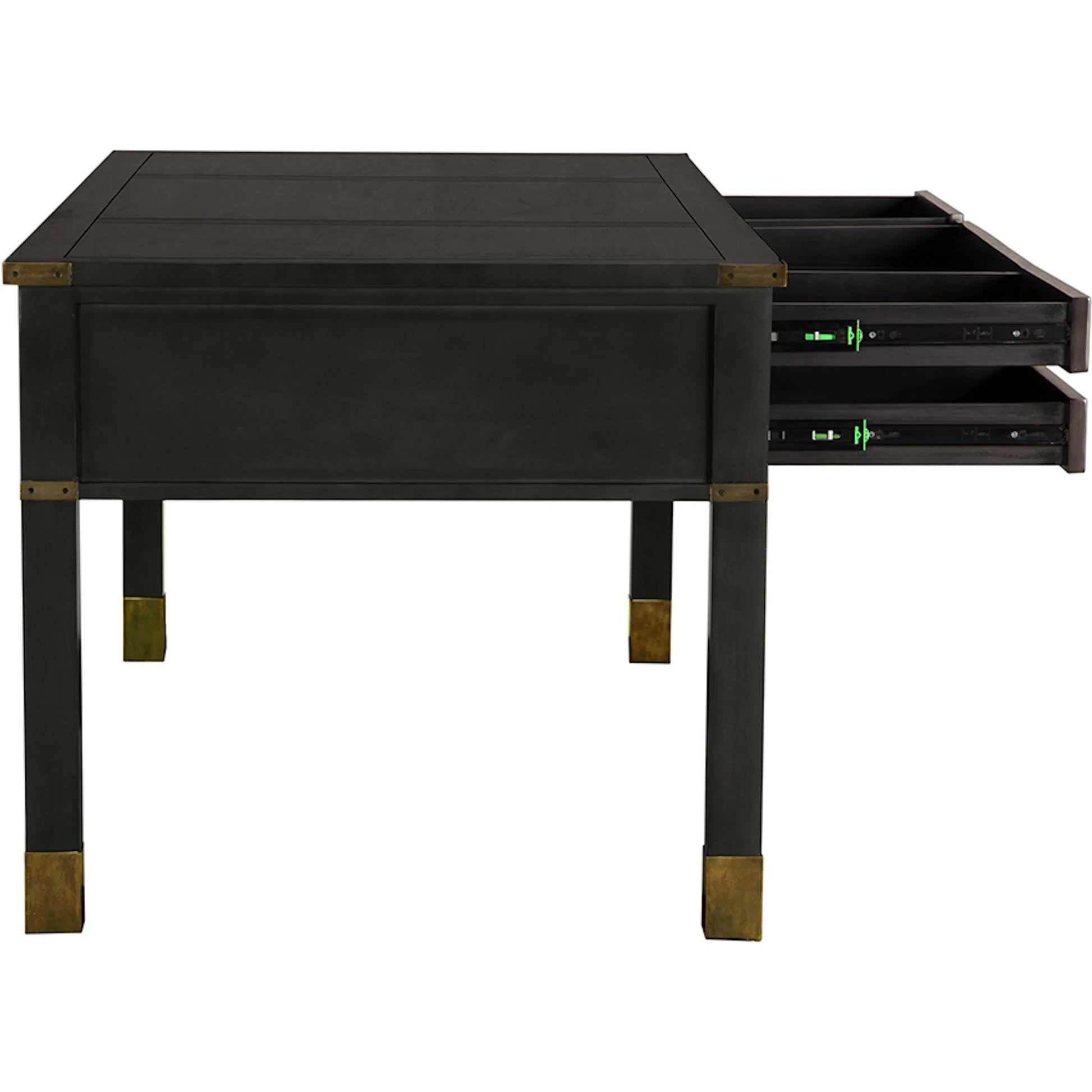 Campaign Partner Desk by Noir in pale. Made from mahogany, brass pulls, brass base legs, brass side plates in a traditional style.