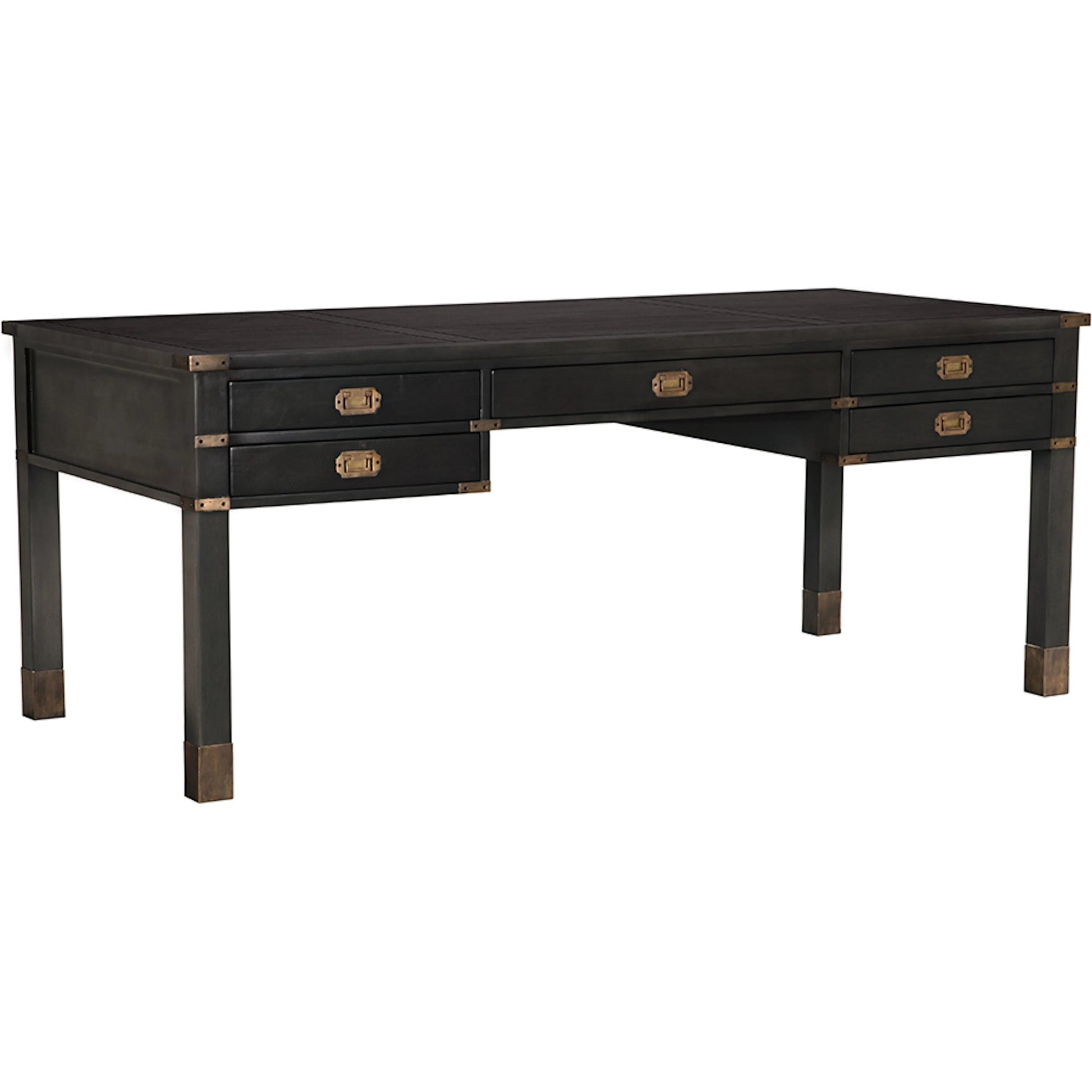 Campaign Partner Desk by Noir in pale. Made from mahogany, brass pulls, brass base legs, brass side plates in a traditional style.