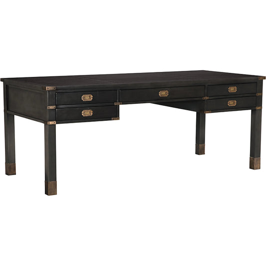 Campaign Partner Desk by Noir in pale. Made from mahogany, brass pulls, brass base legs, brass side plates in a unique style.