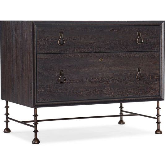 Big Sky Lateral File Cabinet by Hooker Furniture in charred timber. Made from pecky hickory veneers, metal, solid-wood edged top in a modern style.