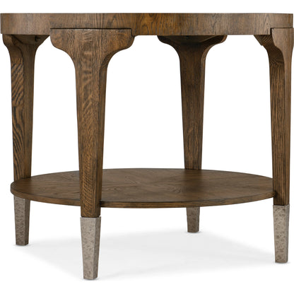 Chapman Round Side Table by Hooker Furniture in sorrel. Made from white oak veneers, metal ferrules in a transitional style.