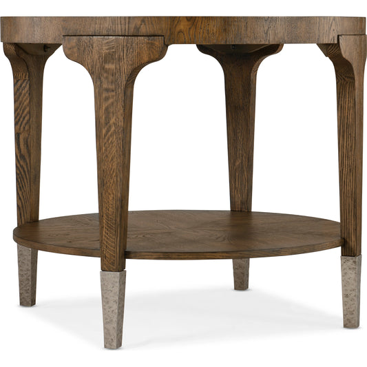Chapman Round Side Table by Hooker Furniture in sorrel. Made from white oak veneers, metal ferrules in a transitional style.