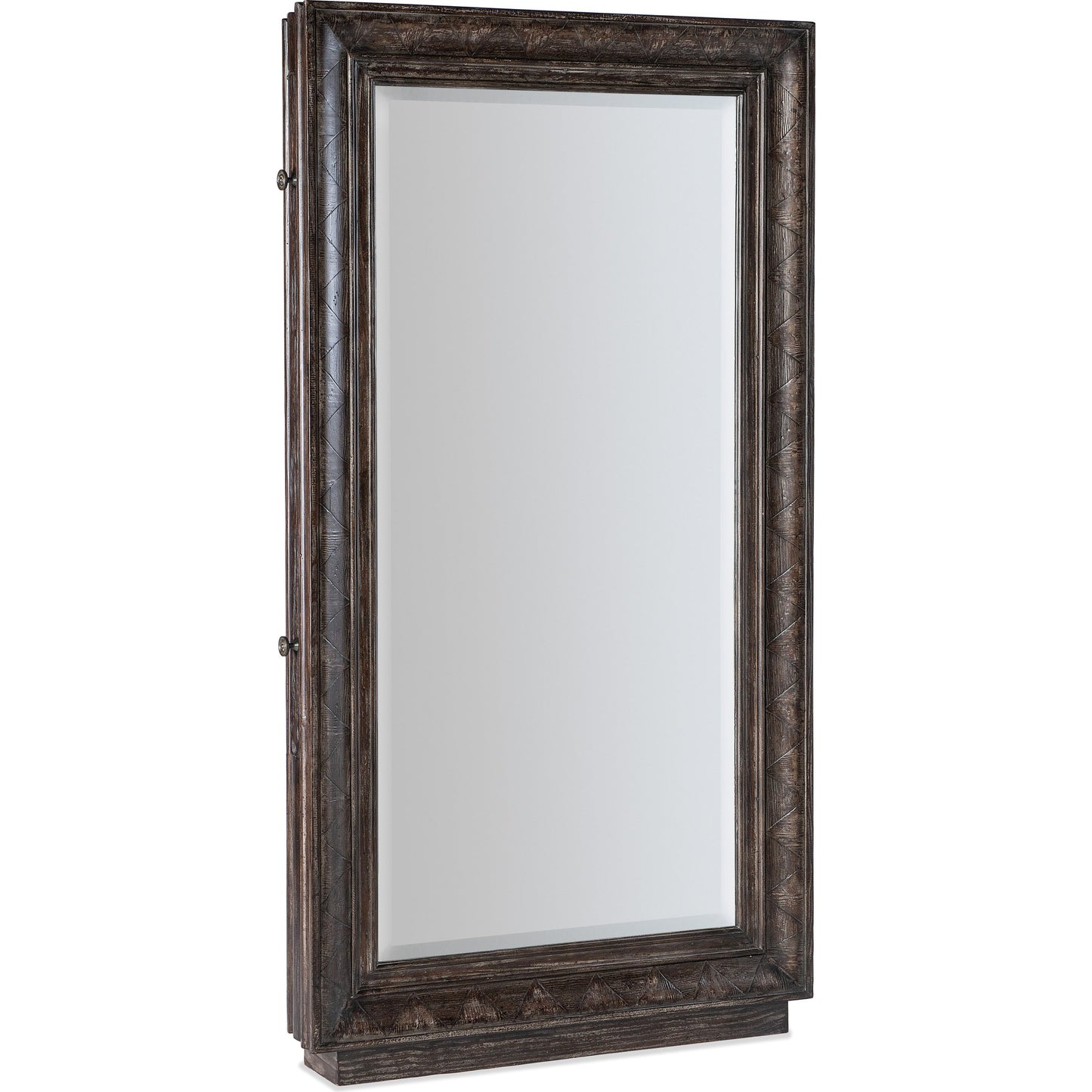 001 SI-1873231 | Primary Silo | Traditions Floor Mirror by Hooker Furniture in dark wood. Made from pine veneers with mirror, felt, copper, jewelry bags in a transitional style.